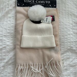 Vince Camuto Cream Beanie with Blush Scarf Set